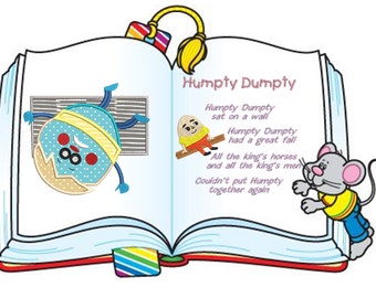 Puede incluir: Un libro abierto con un marcapáginas colorido. El libro presenta una ilustración de Humpty Dumpty, un personaje de huevo de dibujos animados, y la canción infantil "Humpty Dumpty sat on a wall".