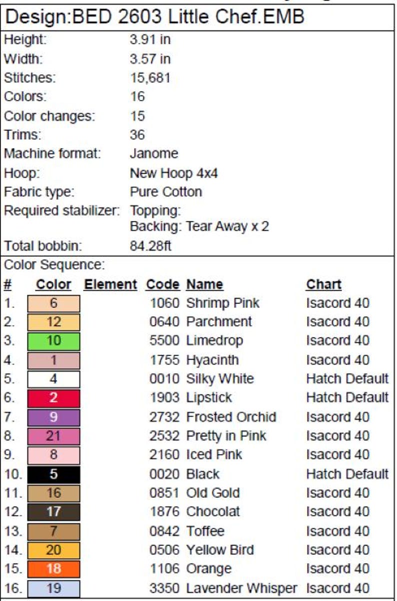 May include: A technical embroidery design sheet titled BED 2603 Little Chef.EMB. It lists specifications including a height of 3.91 inches, width of 3.57 inches, 15,681 stitches, 16 colors, and a color sequence table with 16 specific thread shades.