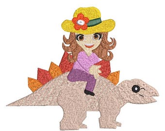 Girl on a Dinosaur With a Sunhat Machine Embroidery Design