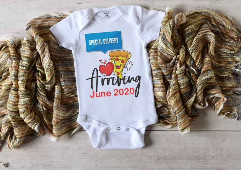 Due Date Personalized Onesie \u00ae Custom Special Delivery Newborn Shirt,Short or Long Sleeves Reveal Baby Announcement Pizza Foodie Gift