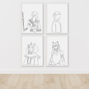 Star Wars Prints: Leia, Ahsoka, Padme, and Rey – Star Wars Line Art – Instant Download Illustration – Sci-Fi Printable Poster