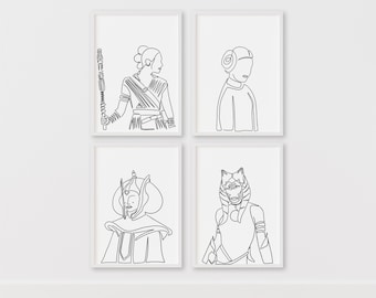 Star Wars Prints: Leia, Ahsoka, Padme, and Rey – Star Wars Line Art – Instant Download Illustration – Sci-Fi Printable Poster