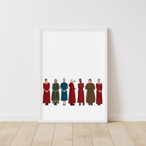 May include: A digital illustration of eight women standing in a line. They are all wearing red dresses and white bonnets. The women are all looking straight ahead. The background is white.