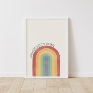May include: A white framed print with a rainbow design and the text "Somewhere over the rainbow".
