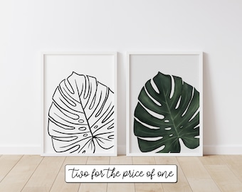 Monstera Plant Art Print | Watercolor and Outline Wall Art | Plant Art Digital Download