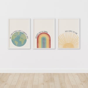 Retro Nursery Art Here Comes the Sun Print Over the Rainbow Download Wonderful World Sketch Art image 1