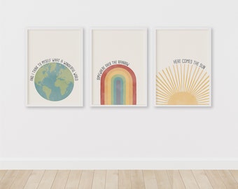 Retro Nursery Art – Here Comes the Sun Print – Over the Rainbow Download – Wonderful World Sketch Art