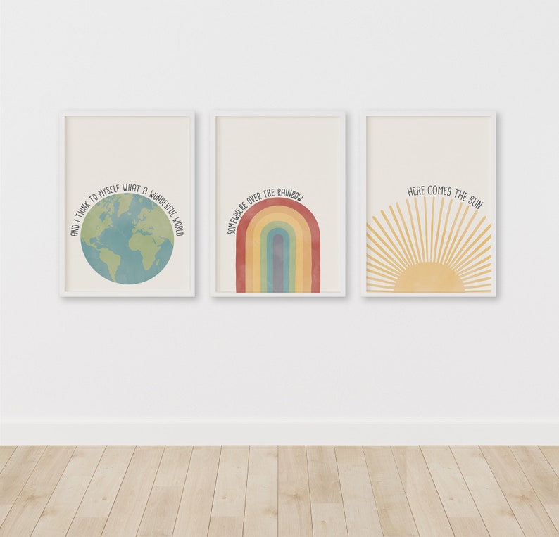 Retro Nursery Art Here Comes the Sun Print Over the Rainbow Download Wonderful World Sketch Art image 1