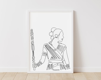 Star Wars Print: Rey – Star Wars Line Art – Ilustración de descarga instantánea – Póster imprimible de ciencia ficción