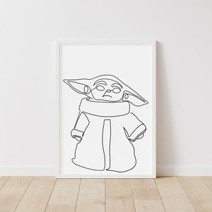 Pode incluir: Desenho de linha de um personagem da franquia Star Wars, conhecido como "A Criança" ou "Baby Yoda", em uma moldura branca.