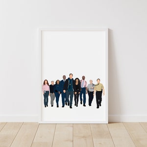 May include: A group of 10 people, mostly wearing blue, stand in a line. They are all looking forward, and some are holding objects. The people are in a white frame.