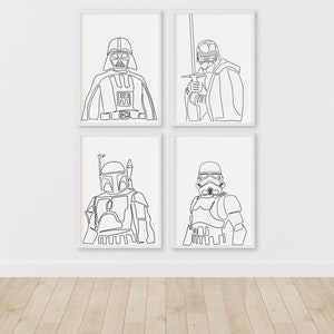 Wydruki Star Wars: Darth Vader, Kylo Ren, Boba Fett i szturmowiec – Grafika liniowa Star Wars – Natychmiastowe pobranie ilustracji