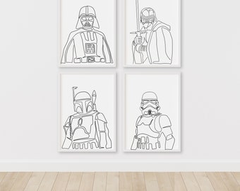 Star Wars Prints: Darth Vader, Kylo Ren, Boba Fett & Stormtrooper – Star Wars Line Art – Instant Download Illustration
