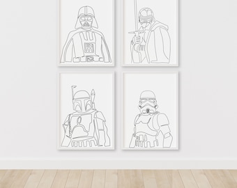 Star Wars Prints: Darth Vader, Kylo Ren, Boba Fett & Stormtrooper – Star Wars Line Art – Instant Download Illustration