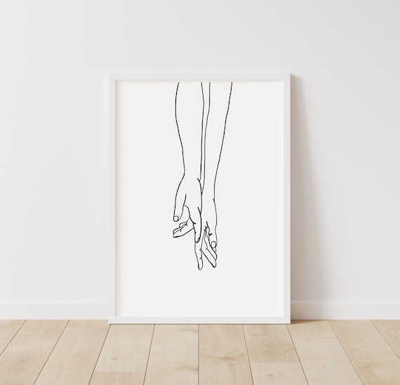 Romantic Holding Hands Outline Drawing Loving Couple On Wood Print