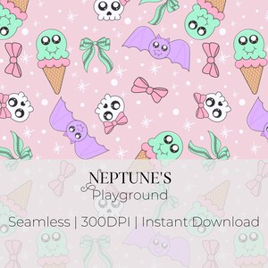May include: A seamless pattern featuring cartoon bats, ice cream cones, skulls, and bows on a pink background. The design includes the text "NEPTUNE'S Playground" and "Seamless | 300DPI | Instant Download".