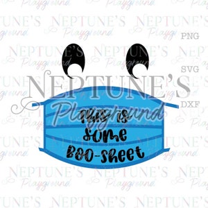 Puede incluir: Una mascarilla facial azul con el texto "This is some boo-sheet" en letras negras. La mascarilla tiene dos ojos negros encima.