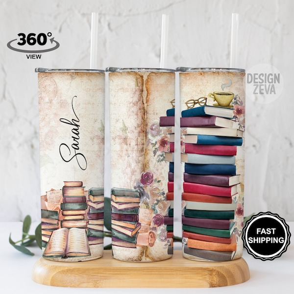 Vintage Books Personalized Tumbler, Book Reading Custom Tumbler Cup With Straw, Book Lover Gift