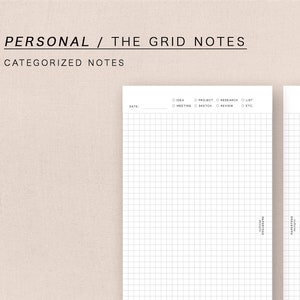 May include: Two white grid note pages with the text "PERSONAL / THE GRID NOTES CATEGORIZED NOTES" at the top. Each page has a header with checkboxes for "DO", "PROJECT", "RESEARCH", "LIF", "MEETING", "SKETCH", "REVIEW", and "BYO".