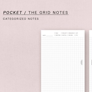 May include: Two blank white grid note pages with the text "POCKET / THE GRID NOTES" and "CATEGORIZED NOTES" at the top. Each page has a section for "DATE", "IDEA", "PROJECT", "RESEARCH LIST", "MEETING", "SKETCH", "REVIEW", and "DONE".