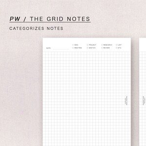Può includere: Due pagine di note a griglia vuote con un'intestazione che recita "PW / THE GRID NOTES CATEGORIZES NOTES". Ogni pagina ha una sezione per la data, l'idea, il progetto, la ricerca, l'elenco, la riunione, la nozione, la revisione e lo stile.