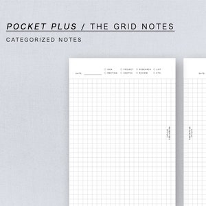 Könnte beinhalten: Zwei leere Notizseiten mit Raster, die einen Kopf mit der Aufschrift "Pocket Plus / The Grid Notes" und "Categorized Notes" tragen. Die Seiten haben Kontrollkästchen für "Idea", "Project", "Research", "List", "Meeting", "Sketch", "Review" und "Etc.".