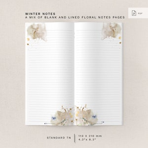Könnte beinhalten: Offenes Notizbuch mit linierten Seiten und floralen Aquarellakzenten. Der Text "WINTER NOTES" und "A MIX OF BLANK AND LINED FLORAL NOTES PAGES" stehen oben. Das Notizbuch misst 110 x 210 mm.