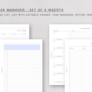 Könnte beinhalten: Ein Satz von vier druckbaren A5-Task-Manager-Einsätzen. Die Einsätze beinhalten eine "Get It Done"-Liste, eine Liste mit einem editierbaren Kopf, einen Task-Manager und einen Action-Task-Tracker.