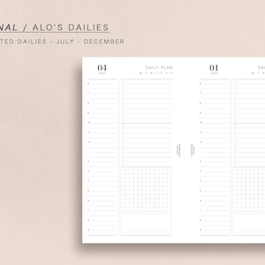 Puede incluir: Una agenda en blanco y negro con el texto "PERSONAL / ALO'S DAILIES (HALF) DATED DAILIES - JULY - DECEMBER" en la parte superior. La agenda tiene dos páginas, cada una con una sección de planificación diaria y una sección de cuadrícula.