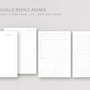 Könnte beinhalten: Ein wöchentlicher Agenda-Planer im A5-Format mit einem minimalistischen Cover, einer Funktionsliste und einer Woche auf zwei Seiten. Der Planer hat einen weißen Hintergrund mit schwarzen Linien und Text.