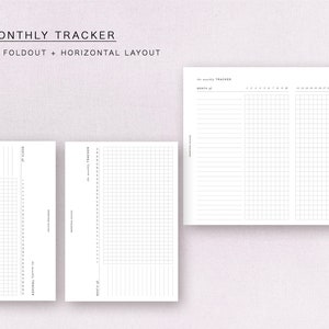 May include: Two printable A6 monthly tracker templates. One template is a foldout style with a grid on the left and lined space on the right. The second template is a horizontal layout with two grids.