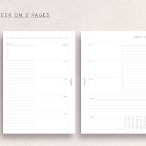Op de afbeelding: Een zwart-witte printbare planner met de tekst "PW / WEEK ON 2 PAGES" bovenaan. De linkerpagina heeft een sectie voor "WEEK OF" met selectievakjes en een dagelijkse planner van maandag tot en met donderdag. De rechterpagina heeft een sectie voor "WEEKLY PLAN" met een dagelijkse planner van vrijdag tot en met zondag. Er is ook een sectie voor "NOTES" en een kalender voor de maand.