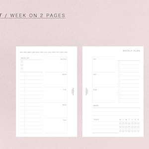 以下が含まれることがあります： 「POCKET / WEEK ON 2 PAGES」というテキストが上部に書かれた、白黒の印刷可能なプランナーページ。ページの左側には「WEEK OF」と「NOTES」のセクションがあります。ページの右側には「WEEKLY PLAN」のセクションがあり、曜日が「FRI」、「SAT」、「SUN」と表示され、「MEMO」のセクションがあります。