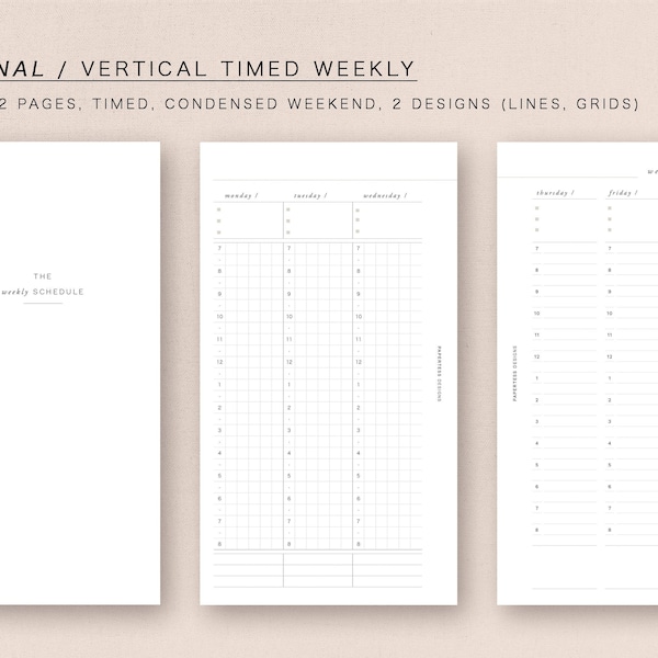 PERSONAL  - vertical timed weekly - week on 2 pages, minimal design, printable insert