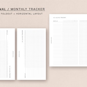 May include: Two printable monthly tracker templates. The first template is a foldout style with a grid on the left and a lined section on the right. The second template is a horizontal layout with two grids.