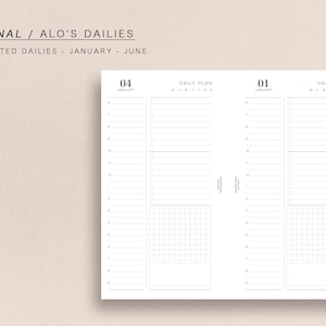 Może przedstawiać: Planer z dwoma stronami, każda z sekcją planu dziennego i sekcją siatki. Strony są datowane na 1 stycznia i 4 stycznia. Planer nosi tytuł "PERSONAL / ALO'S DAILIES (HALF) DATED DAILIES - JANUARY - JUNE"