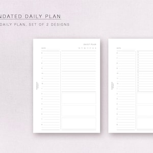 Könnte beinhalten: Zwei weiße A6-Blätter für den undatierten Tagesplan. Jedes Blatt hat einen Abschnitt für das Datum, Zeitfenster und einen Abschnitt für Notizen. Der Text "DAILY PLAN" steht oben auf jedem Blatt. Der Text "A6 / UNDATED DAILY PLAN" steht oben im Bild.
