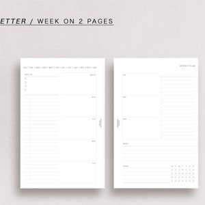 May include: A printable planner template for a weekly schedule. The template is designed to fit on two half-letter pages. The left page has a daily schedule with space for notes and a to-do list. The right page has a weekly schedule with space for notes and a monthly calendar.