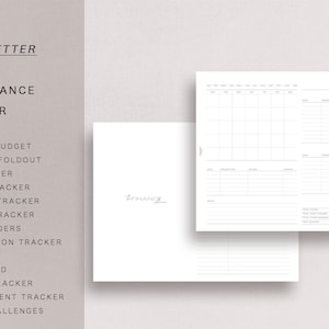Könnte beinhalten: Ein weißer Planer im Format Halb-Brief mit dem Text "The Finance Planner" und einer Liste von Kategorien zur Finanzverfolgung, darunter monatliches Budget, Rechnungstracker, Ausgabenverfolgung, Ausgabenverfolgung und mehr.