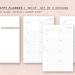 Könnte beinhalten: Drei druckbare Planerseiten, eine leer, eine mit einem Raster und eine mit Linien. Jede Seite hat den Text "weekly plan" oben.