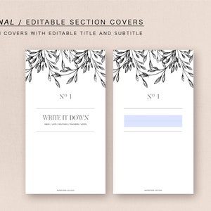Könnte beinhalten: Zwei weiße Abschnittsumschläge mit schwarzen botanischen Illustrationen und Text. Die Umschläge tragen die Aufschrift "PERSONAL / EDITABLE SECTION COVERS" und "WRITE IT DOWN". Ein Umschlag hat ein hellblaues Rechteck. Umschläge für Notizbücher.