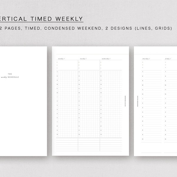 A5  - vertical timed weekly - week on 2 pages, minimal design, printable insert