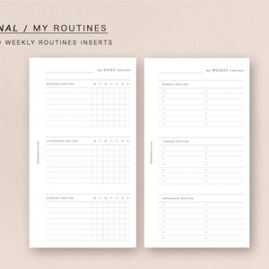 Può includere: Inserti stampabili per un planner di routine giornaliera e settimanale. Il planner giornaliero ha sezioni per le routine del mattino, del pomeriggio e della sera con spazio per tenere traccia delle attività di ogni giorno della settimana. Il planner settimanale ha sezioni per le routine del lunedì, martedì, mercoledì, giovedì, venerdì, sabato e domenica.