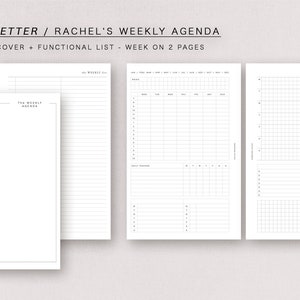 May include: A printable weekly agenda planner with a minimal cover, functional list, and week on two pages. The planner is designed for half letter size paper.
