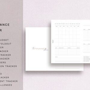 Puede incluir: Un planificador imprimible en blanco y negro con el texto "The Finance Planner" y una lista de categorías de seguimiento financiero, que incluyen presupuesto mensual, seguimiento de facturas, seguimiento de gastos, etc.