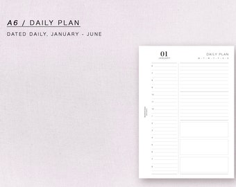A6 - dated daily plan, JANUARY - JUNE, minimal but functional, printable inserts