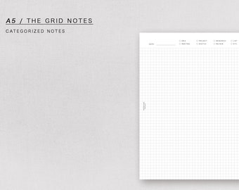 May include: An A5 grid notebook with a white background and black grid lines. The notebook has a section for notes with categories: Idea, Meeting, Project, Research, Review, List, and ETC.