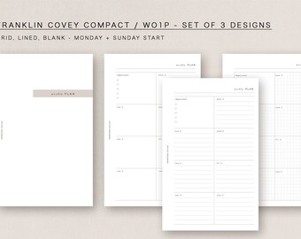 May include: Three white planner inserts with different layouts. The inserts include grid, lined, and blank designs. The text "FRANKLIN COVEY COMPACT" and "weekly PLAN" are visible. The planner inserts are designed to start on Monday or Sunday.
