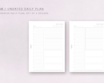 May include: Two white A6 undated daily plan sheets. Each sheet has a section for the date, time slots, and a section for notes. The text "DAILY PLAN" is at the top of each sheet. The text "A6 / UNDATED DAILY PLAN" is at the top of the image.