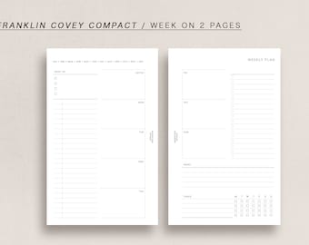 May include: A printable planner page with a weekly schedule and a calendar. The planner is designed for a compact size and features a week-on-two-pages layout. The page is white with black lines and text.